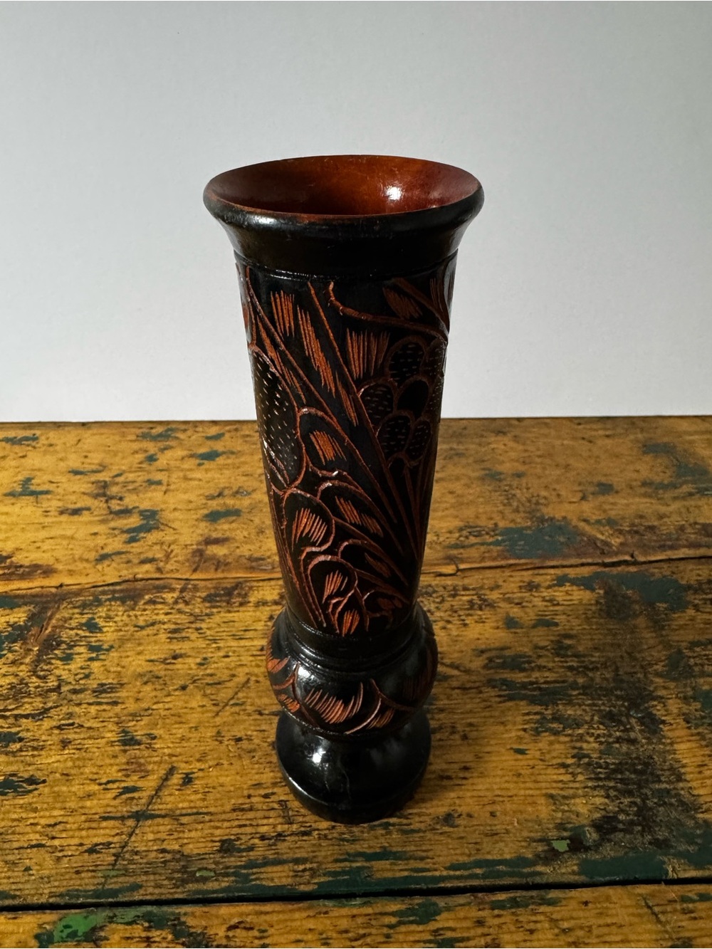 Handcrafted Black and Brown Floral Carved Wooden Vase